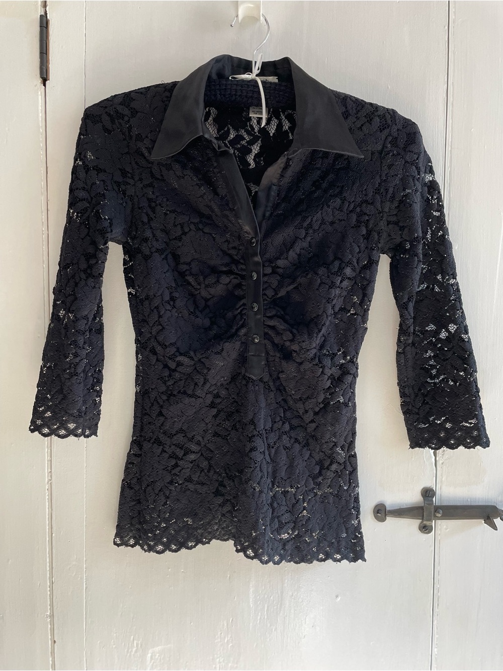 Cache Vintage Sheer Black Lace Silk Collar Ruched-Front Button Up Blouse Size S
